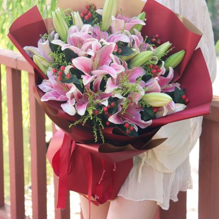 Blush Of Elegance – 19 Stem Pink Lily Bouquet