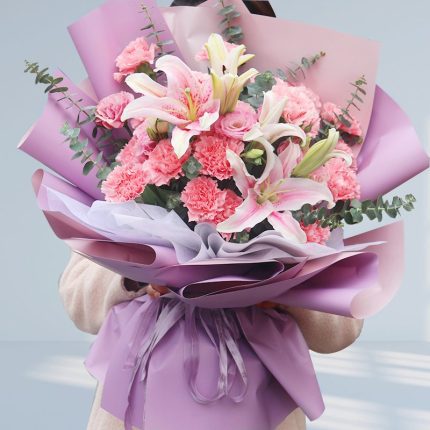 Pink Carnations And White Lilies Bouquet
