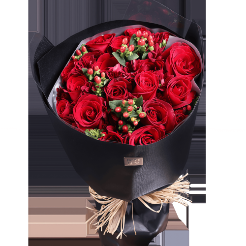 With you - Red roses with red beans and chrysanthemums