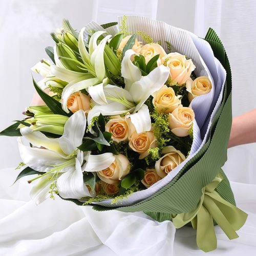 Pertemuan - Lilies Wangi - Buket Mawar Champagne Pertemuan - Lilies Wangi - Buket Mawar Champagne