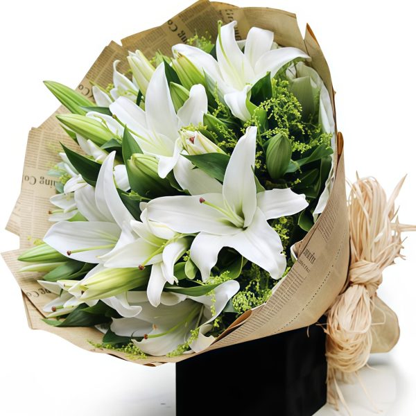 Happiness Forever - White Lilies - Yellow Warblers Bouquet