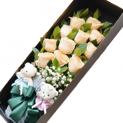 Love you forever - Champagne rose hand bouquet with dolls Love you forever - Champagne rose hand bouquet with dolls