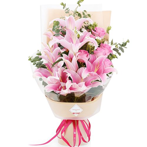 Romantik bis ins Innerste - Strauß aus rosa Lilien und Rosen Romantik bis ins Innerste - Strauß aus rosa Lilien und Rosen