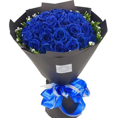 Beautiful Encounter - Blue Roses and Acacia Plum Bouquet