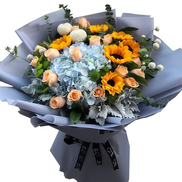 Warmth toward the sun - Sunflower and champagne rose bouquet