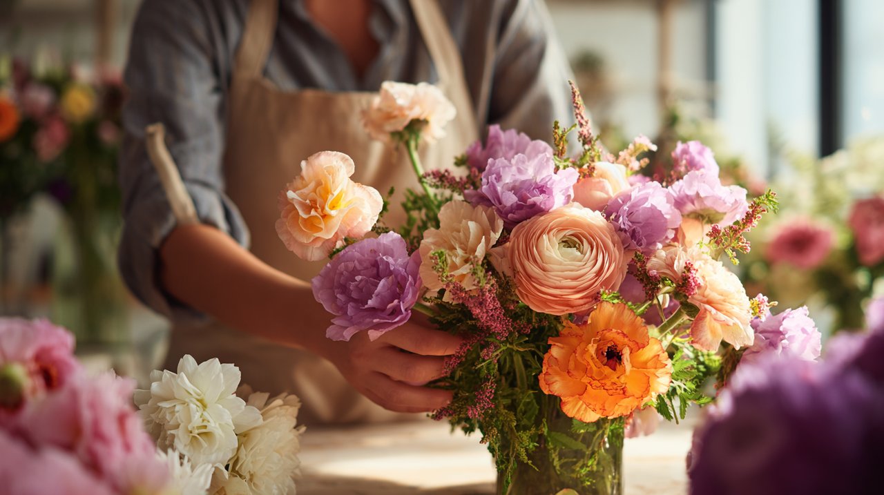 Ein Florist arrangiert sorgfältig einen hochwertigen Blumenstrauß.
