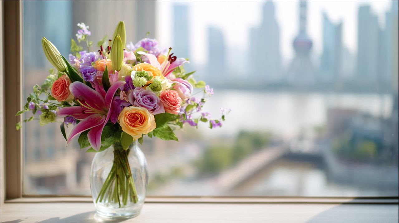 A vibrant bouquet of flowers on a modern windowsill overlooking a bustling Shanghai cityscape.