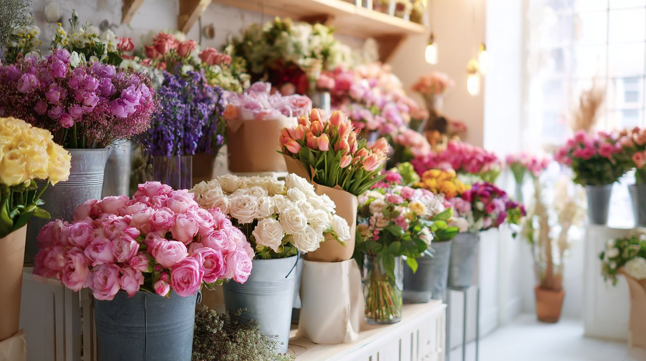 A diverse selection of fresh, vibrant flowers and bouquets beautifully displayed in a modern flower shop.