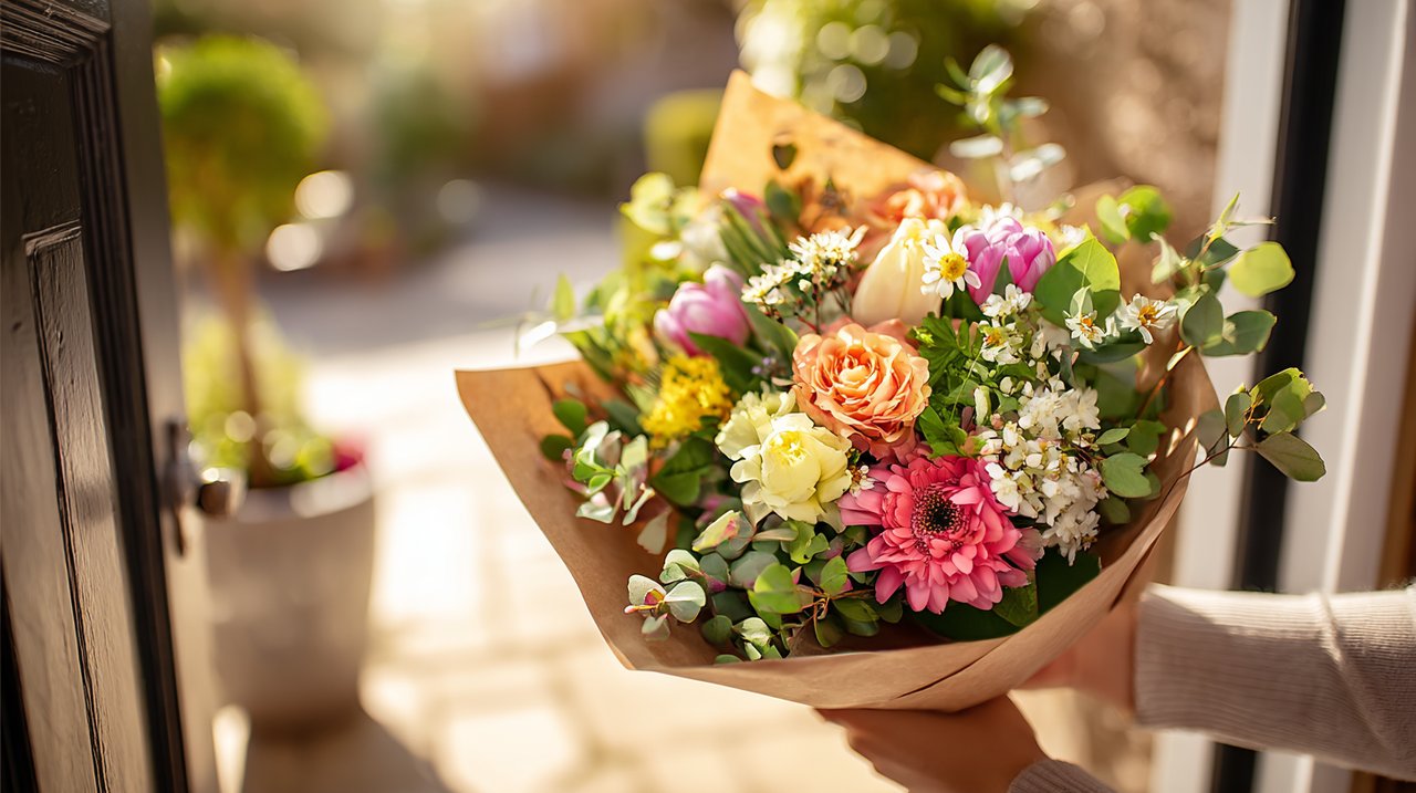 A person receiving a beautifully wrapped bouquet of fresh flowers at their doorstep, emphasizing careful delivery.