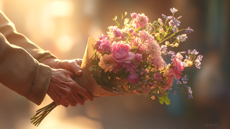 A heartfelt moment of gifting flowers, embodying 'vivid love' in daily life.