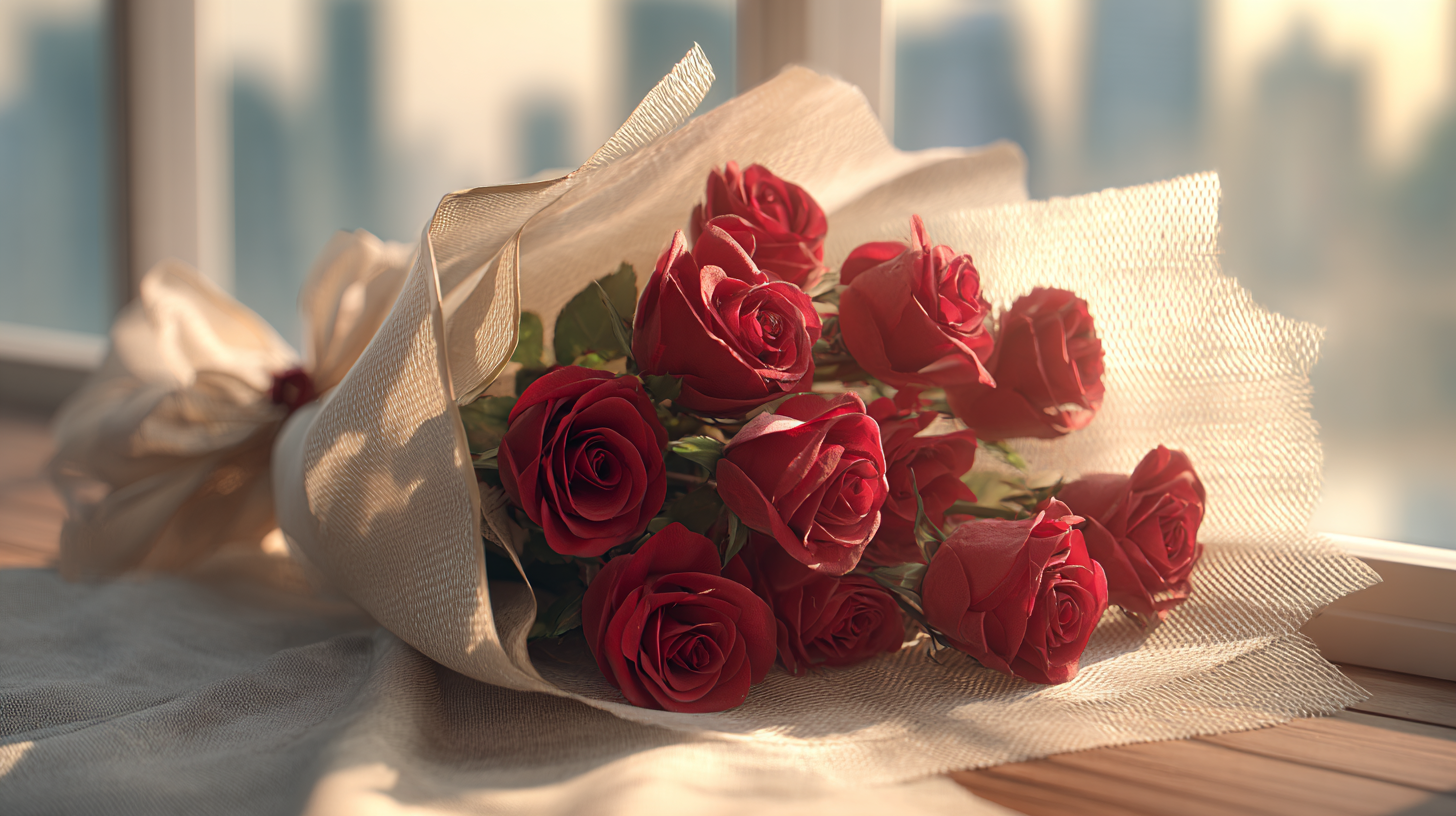 Um buquê de 11 rosas vermelhas meticulosamente embrulhado, colocado junto a uma janela ensolarada, com um horizonte de cidade desfocado ao fundo, criando uma atmosfera quente e romântica.