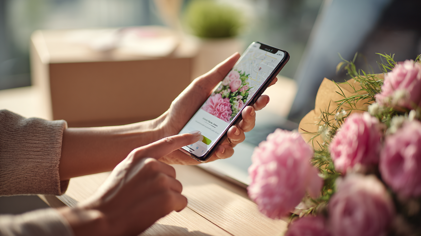 Mãos usando um aplicativo de entrega de flores para garantir a entrega precisa na China.