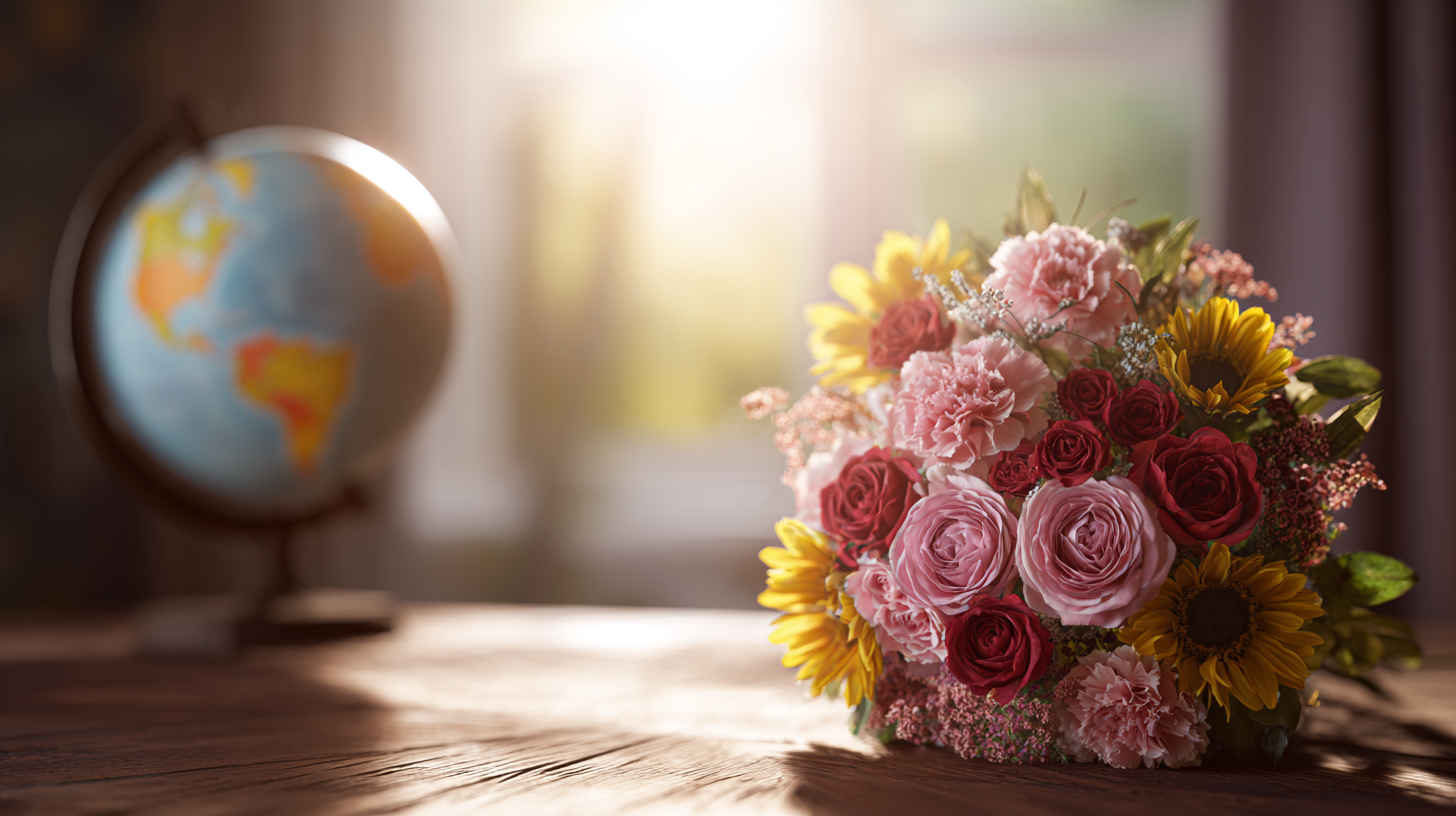 A vibrant birthday flower bouquet on a table with a globe, symbolizing long-distance affection.