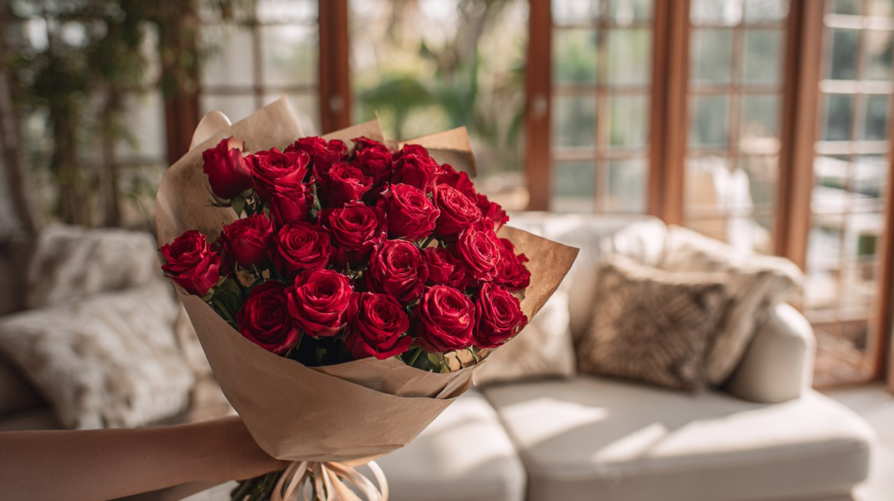 Destinatário recebendo um deslumbrante bouquet de 520 rosas vermelhas em uma casa aconchegante.