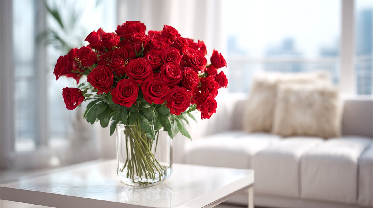 Um grande bouquet de 520 vibrantes rosas vermelhas em um ambiente moderno.