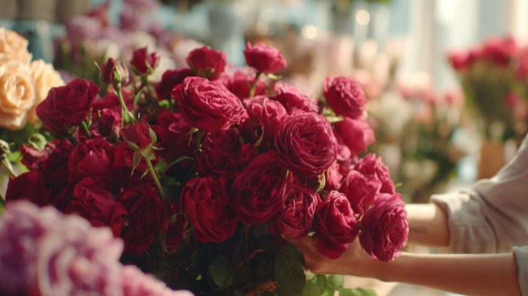 Florist's hands arranging a large bouquet of red roses in a bright shop.