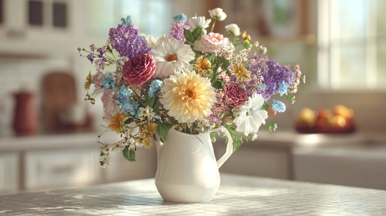 現代花瓶中色彩鮮豔、多種花卉組合的插花,展現複雜的花卉敘事。