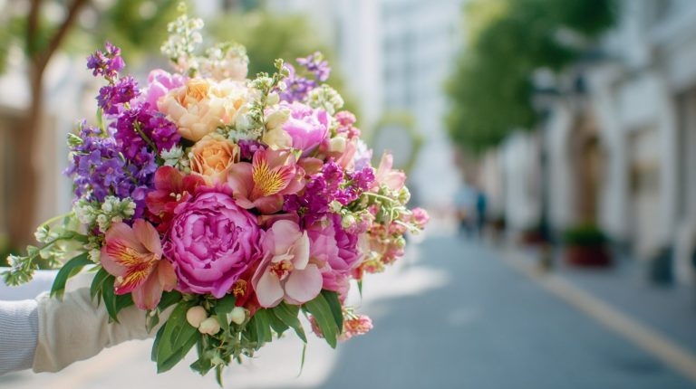 A vibrant bouquet being delivered in Beijing, symbolizing precision and care.