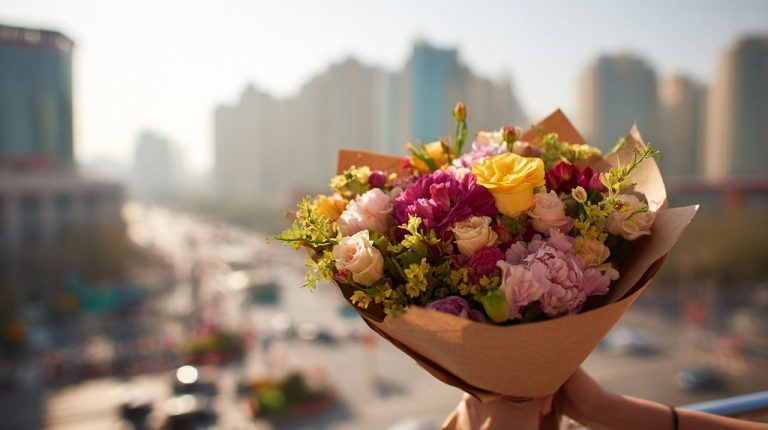 A beautifully arranged bouquet with a blurred Beijing cityscape in the background.