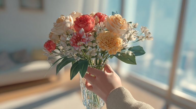 收件人的手在现代公寓中接受一束生机盎然的花束。