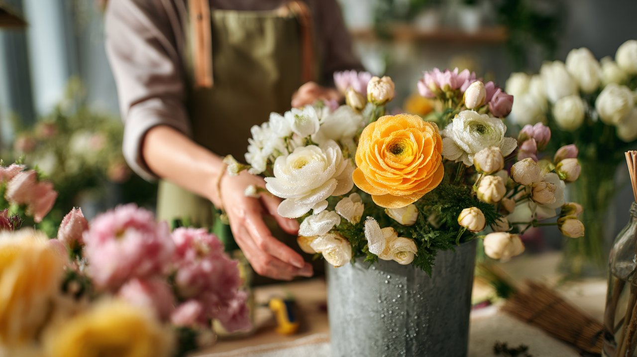 Mãos de um florista a arranjar um bouquet vibrante numa florista luminosa.