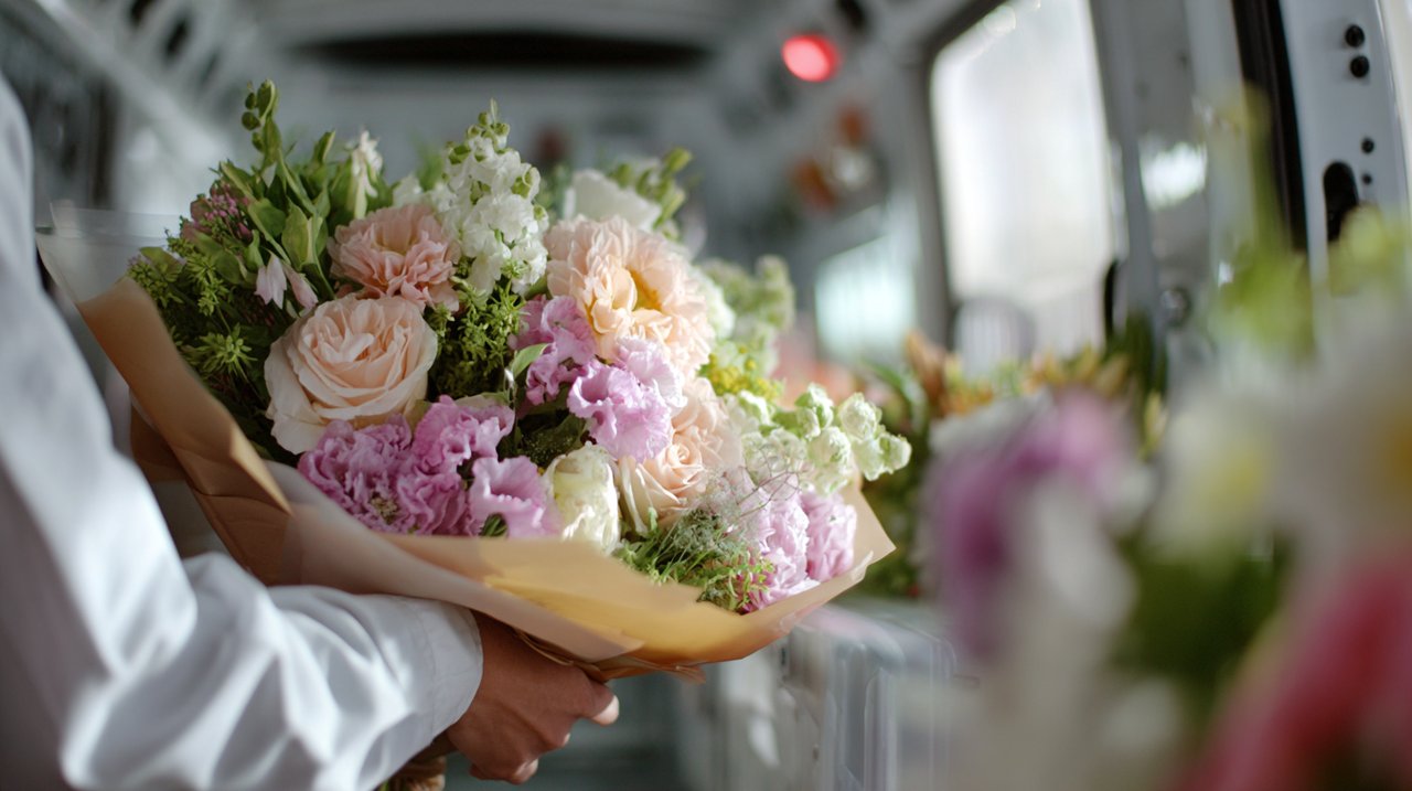 Florist's hands carefully placing a bouquet into a temperature-controlled delivery vehicle.