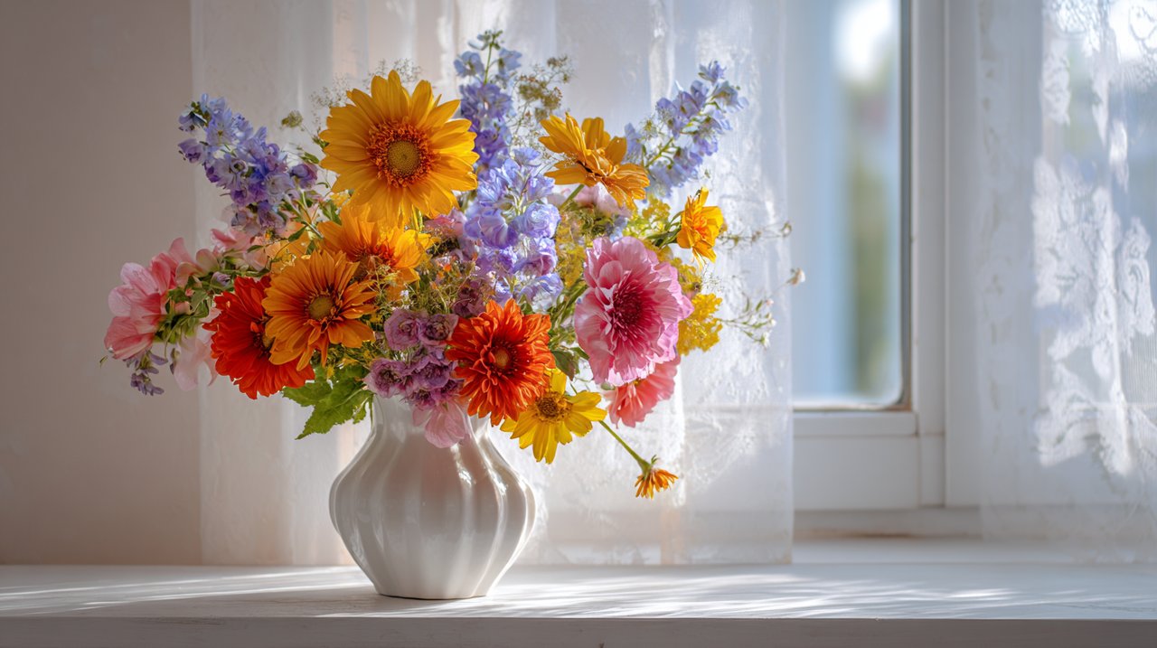 A vibrant and elegant bouquet of fresh, diverse flowers in a modern interior.