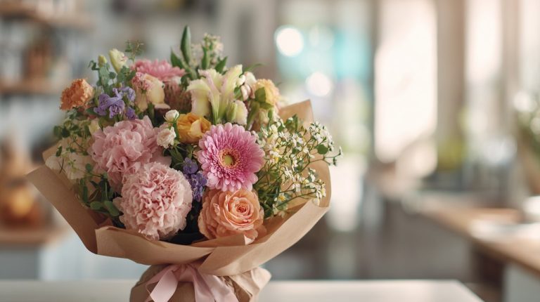 A stunning, personalized floral arrangement on a sunny kitchen counter.