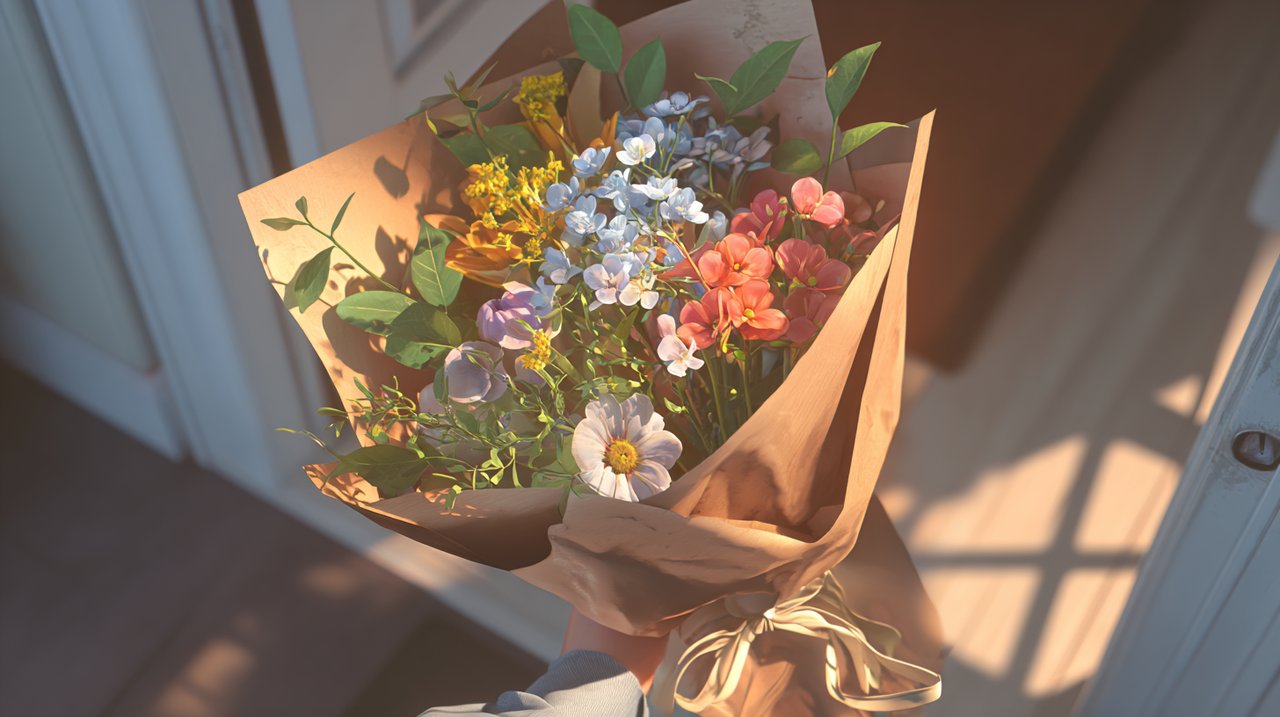 Uma pessoa a receber um bouquet de flores frescas entregue à mão.