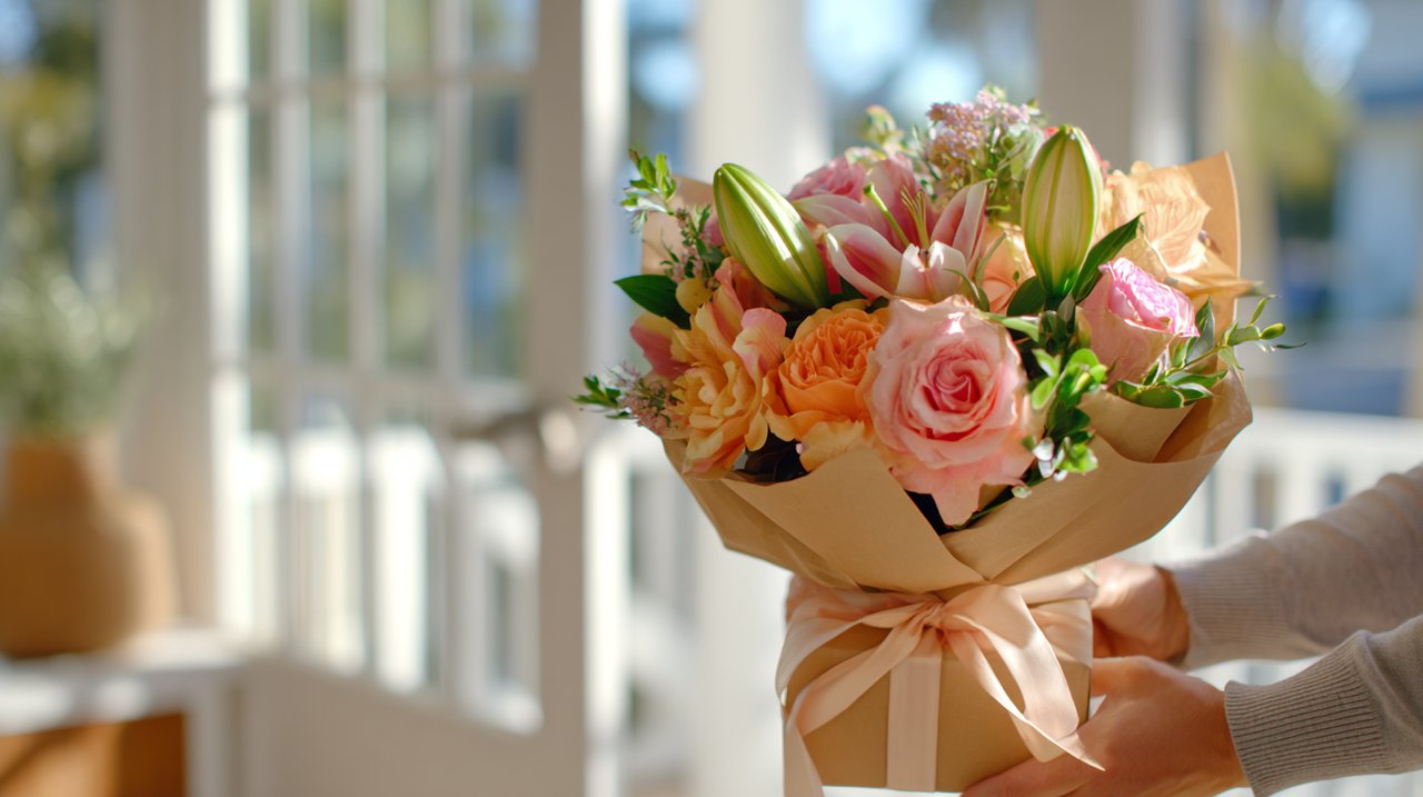 在現代家居中,雙手正在拆開一束精美的線上花禮。