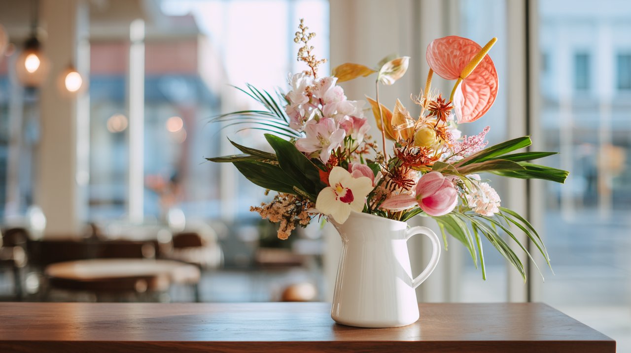 在明亮的咖啡館環境中,一個精緻的花藝佈置,象徵著體貼的送禮。