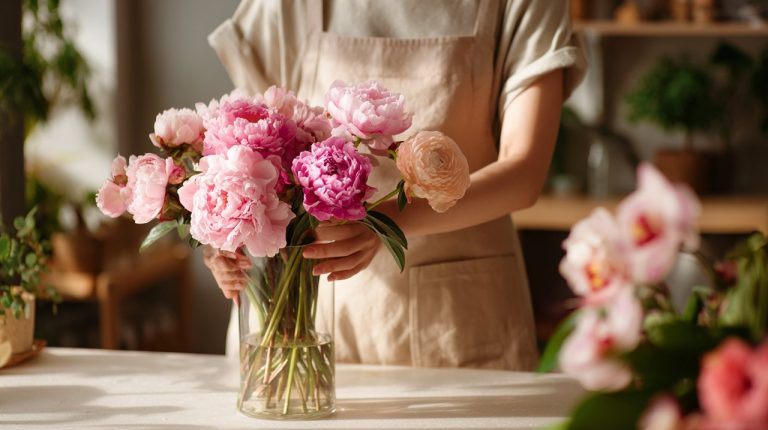 A skilled florist's hands arranging a vibrant bouquet in a bright studio.