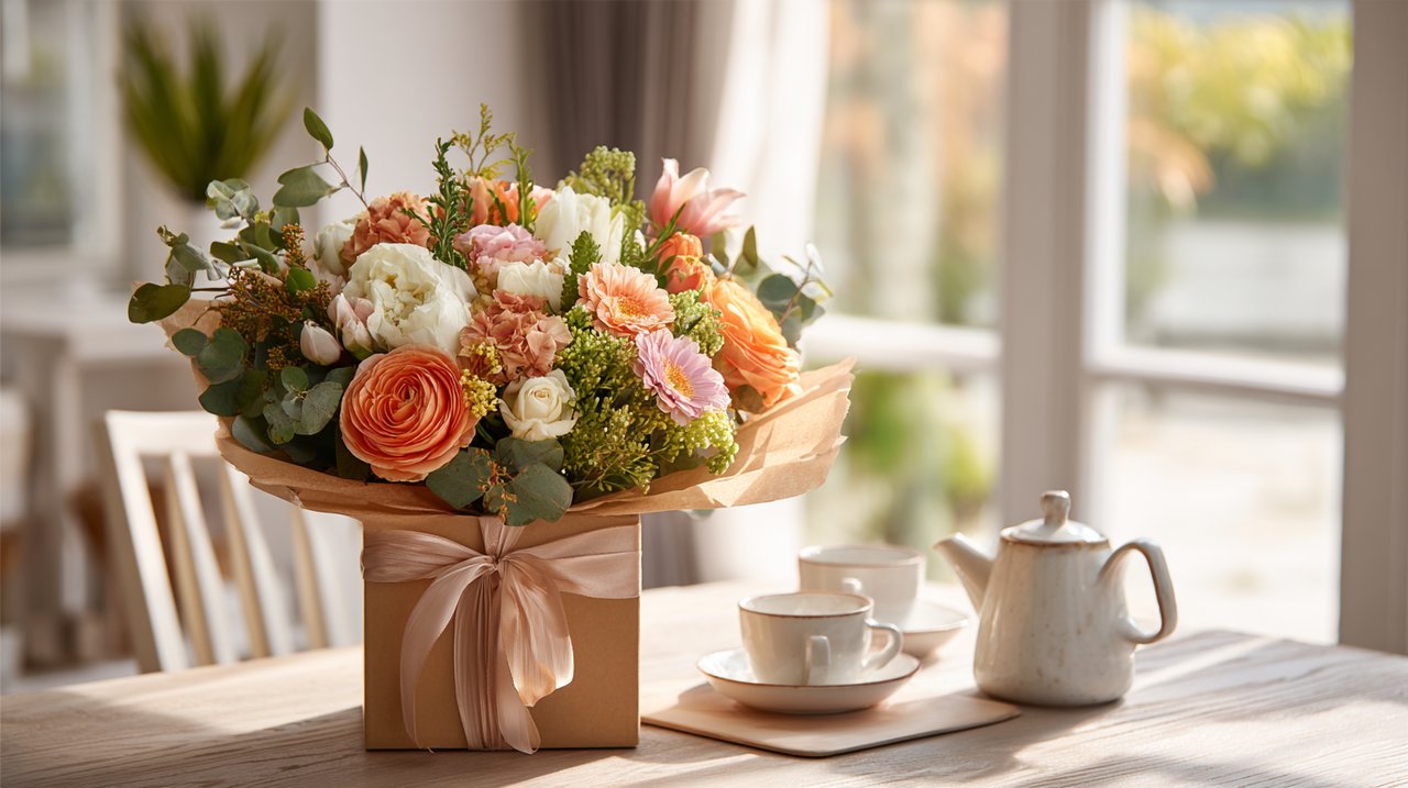 Hadiah bunga yang dikemas dengan indah dengan teh artisanal, disajikan di permukaan kayu modern.
