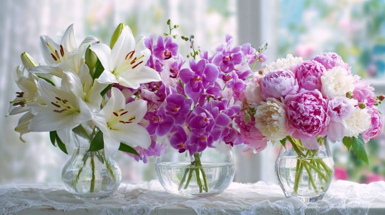 A beautiful display of lilies, orchids, and peonies, symbolizing purity, nobility, and prosperity in Chinese culture.