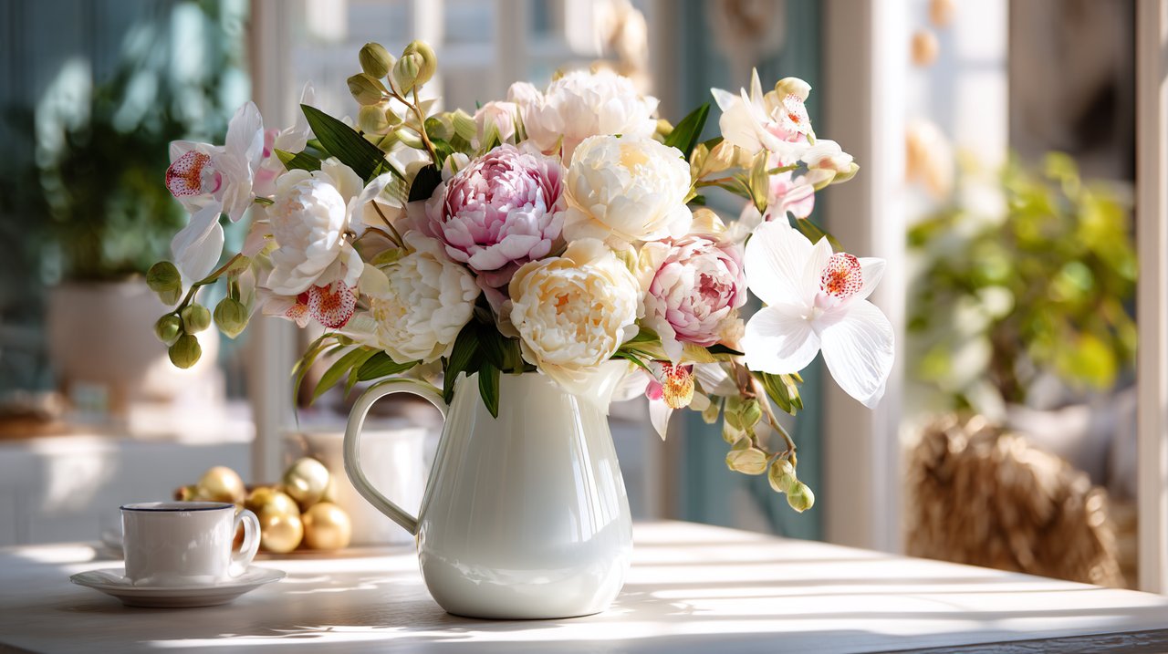A vibrant bouquet of peonies and orchids, symbolizing prosperity and honor in a modern setting.