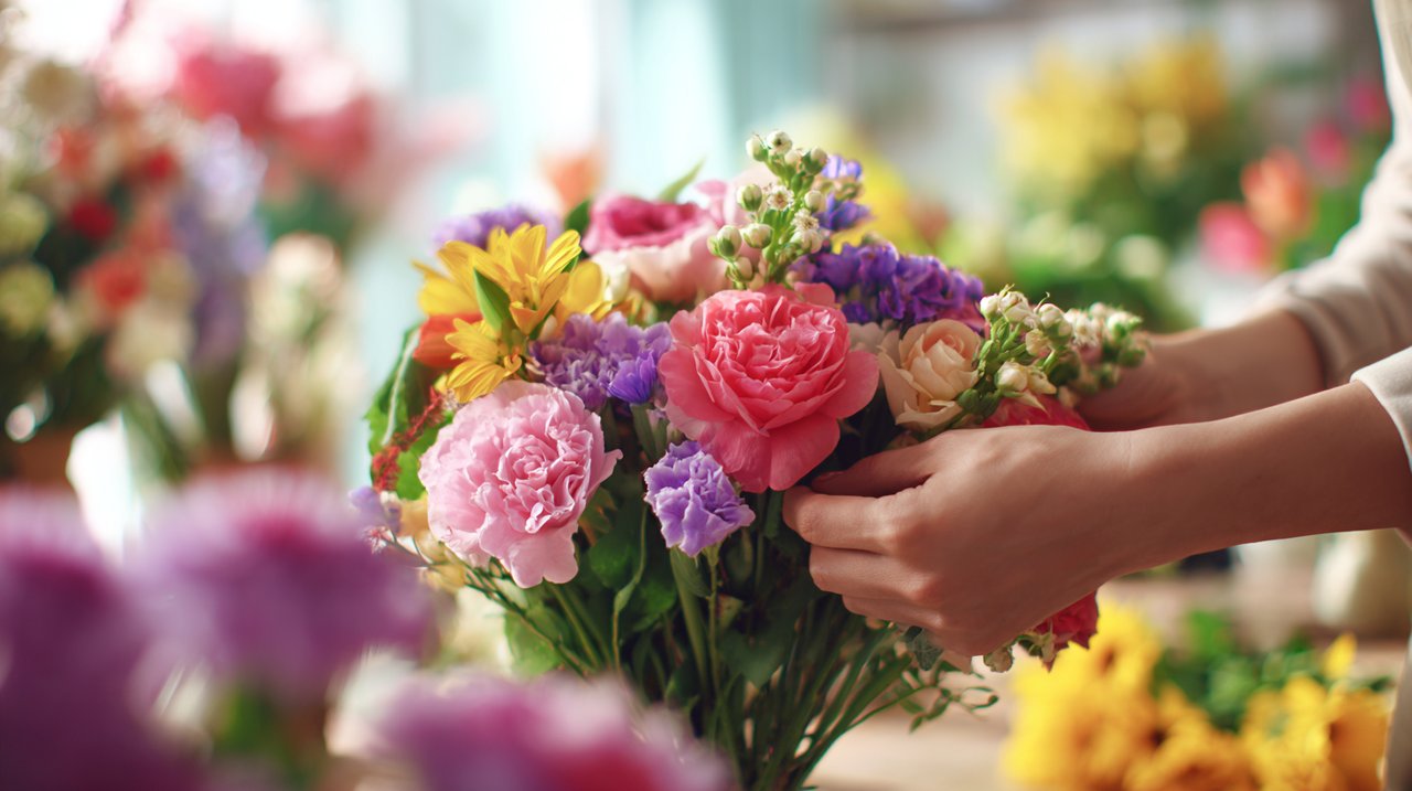 A person thoughtfully selecting flowers, emphasizing cultural sensitivity in gifting.