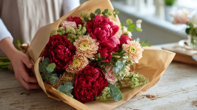 精美呈现的新鲜、鲜艳的红色和金色花卉花束。