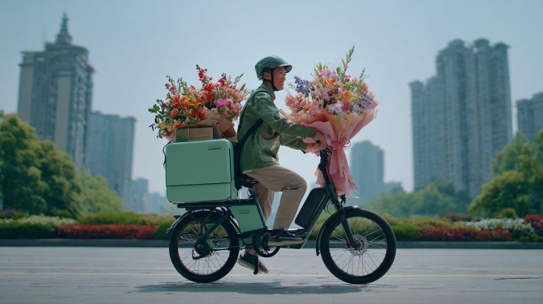 Delivery person with flowers navigating Chongqing's multi-layered streets.