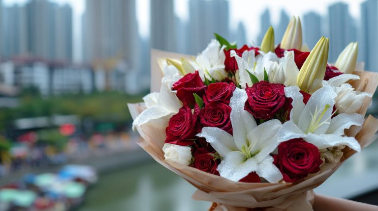 Fresh flowers being delivered in the unique urban landscape of Chongqing.