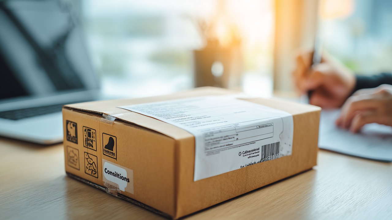 Uma encomenda cuidadosamente embalada com etiquetas de envio internacional e formulários alfandegários numa secretária moderna.