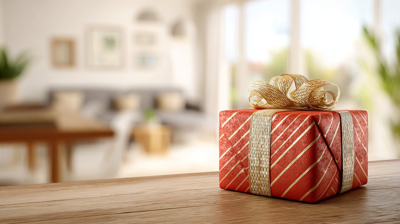 Uma embalagem de presente lindamente embrulhada em cores auspiciosas vermelho e dourado, num cenário moderno.