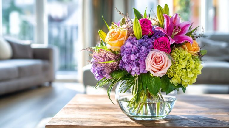 A vibrant bouquet of cut flowers in a modern, sunlit living room.