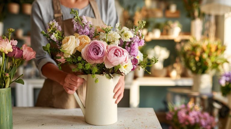 A florist's hands creating a bespoke flower arrangement in a bright Chongqing flower shop.