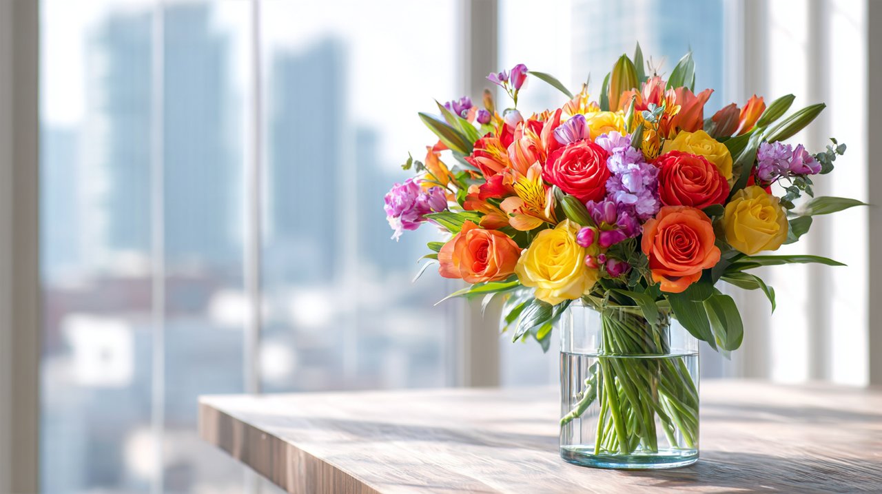 Un vibrante ramo de flores mixtas sobre una mesa moderna, simbolizando las opciones florales de Chongqing.