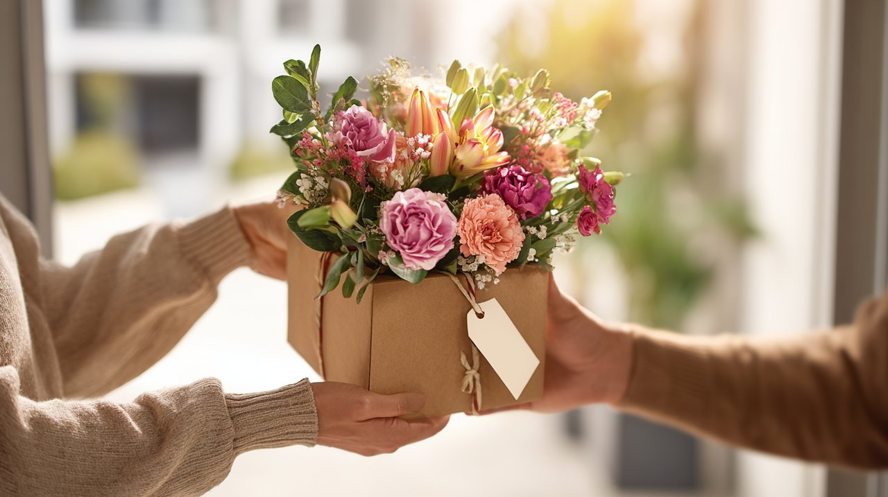 Un ramo de flores bellamente envuelto siendo entregado en un moderno porche en Chongqing.