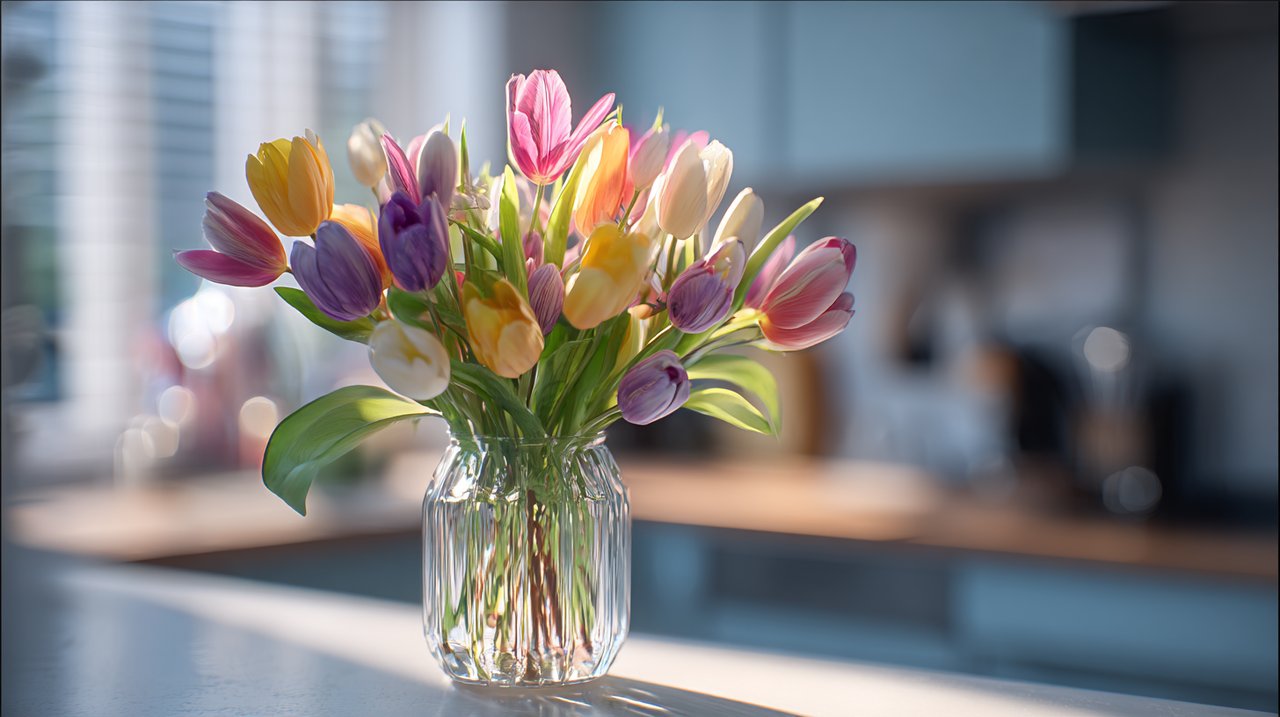 Fresh flowers in a modern kitchen, symbolizing continuous joy.