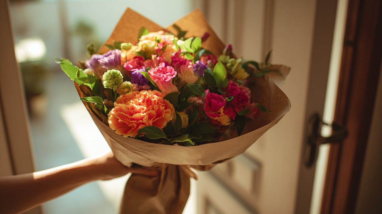 Hands receiving a beautifully wrapped flower bouquet.