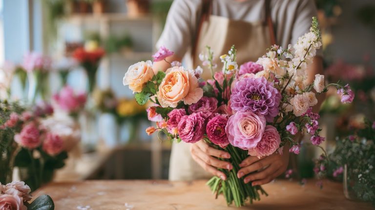 A florist's hands creating a vibrant floral arrangement in a modern shop.