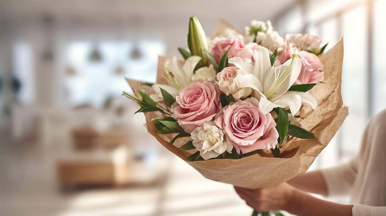 Hands presenting a thoughtfully arranged bouquet