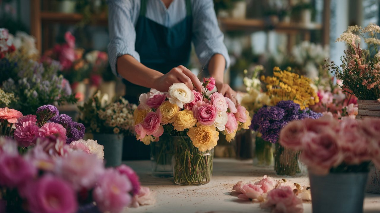 A florist's hands expertly arranging fresh flowers in a bright modern shop.